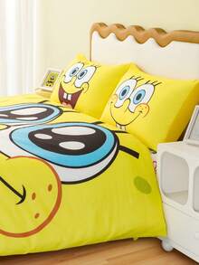 SpongeBob SquarePants | SHEIN 3 件套卡通图案羽绒被套，拉绒材质，柔软温暖，黄色羽绒被套，多种尺寸适合单人床/双人床/大号床/特大床
