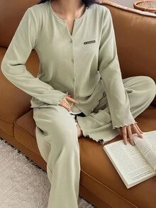 DAZY 简约字母拼接宽松针织女式家居服套装，秋冬装，舒适休闲装 - 綠色 - 查看 5