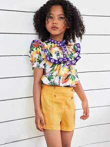 SHEIN 2pcs Young Girl Tropical Fruit Pattern Ruffle Collar Short Sleeve Top & Shorts Set,Elegant Summer,Matching,Family Vacation,Holiday Outfits For Party - Multicolor - View 1