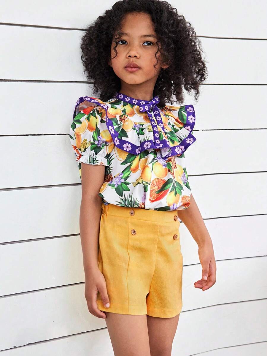 SHEIN 2pcs Young Girl Tropical Fruit Pattern Ruffle Collar Short Sleeve Top & Shorts Set,Elegant Summer,Matching,Family Vacation,Holiday Outfits For Party - Multicolor - View 1