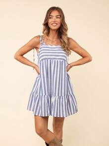 Coeurva Women Loose Striped Spaghetti Strap Summer Casual Dress With Ruffle Hem - Blue and White - View 3