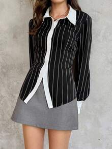 SHEIN Unity Women's Business Casual Contrast Striped Shirt - Black and White - View 4