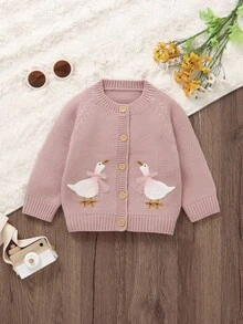 SHEIN Cute Pink Baby/Toddler Girl Cardigan: Round Neck Long Sleeve Duck Embroidery Fashion Jacket Pink Baby Girl Cardigan Baby Girl Sweater With Geese Baby Girl Cardigan Sweater Baby Girl Duck Sweater Baby Girl Goose Sweater Goose Baby Cardigan Fall Winter Baby Girl Cute Sweater Jacket Goose Baby Outfit New Born Cardigans Duck Toddler Clothes Girl