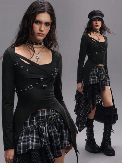 EDITION Functional Punk Carnival Asymmetric Hem Long Sleeve T-Shirt, Autumn