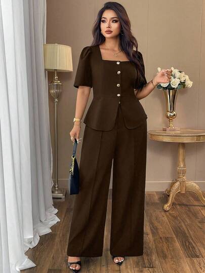 Auvina Plus Size Women's Casual Elegant Square Collar Pure Black Chic Office Shirt Jacket + Waist Cinched Design Loose Long Straight Leg Pants Fashion Casual Suit, High-End Wide Leg Pants