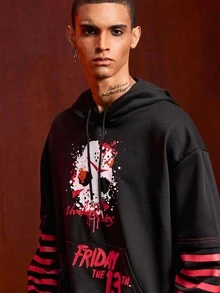 ROMWE MEN Friday the 13th X ROMWE Herren Pullover mit Buchstaben- und Masken-Grafik, Tasche, Kordelzug, 2 in 1 Kapuzenpullover, Herbst - Schwarz - Übersicht 5