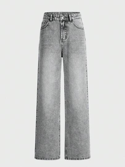 SHEIN Jeans droits vintage boho urbain avec taille élastique et poches plates, lavage clair, pour adolescentes