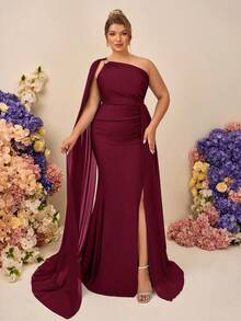 SHEIN Belle Plus Size Elegant Minimalist Red Asymmetric Shoulder Sequin Sleeve Bodycon Ruched Side Slit Maxi Bridesmaid Dress