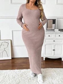 SHEIN Autumn And Winter  Maternity Plus Size Solid Color Square Neck Long Sleeve Ribbed Fitted Casual Dress Long Sleeve Maternity Dress Pregnant Dress Curve Maternity Clothes