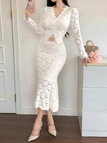 DAZY 2pcs V-Neck Long Sleeve Lace Mermaid Hem Bodycon Dress, Elegant Mini Cocktail Dress