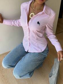 SHEIN EZwear Áo sơ mi dài tay dáng ôm, cài nút phía trước, thắt eo, thích hợp cho mùa thu/đông, thêu logo nhỏ - Nhiều màu - Xem 6