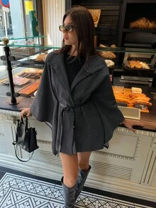 Aloruh 女士秋冬优雅高领蝙蝠袖收腰羊毛混纺大衣 - 灰色 - 查看 3