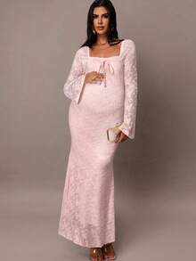 MaterniChic 优雅派对纯色蕾丝喇叭袖鱼尾孕妇装 - 淺粉色 - 查看 4