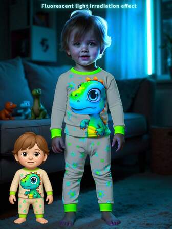 SHEIN Perso Play 男婴 3D 恐龙夜光紫外线图案长袖防晒衣上衣和紧身裤两件套睡衣套装