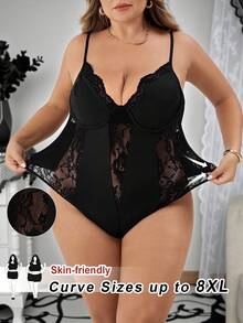 SHEIN CURVE+ Plus Size Women Halloween Lace Sexy Bodysuit/Autumn /Winter - Black - View 1