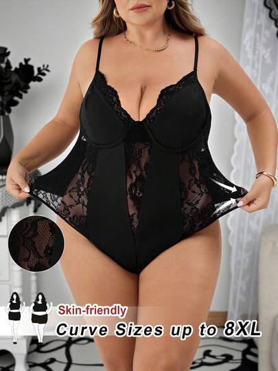 SHEIN CURVE+ Plus Size Women Halloween Lace Sexy Bodysuit/Autumn /Winter