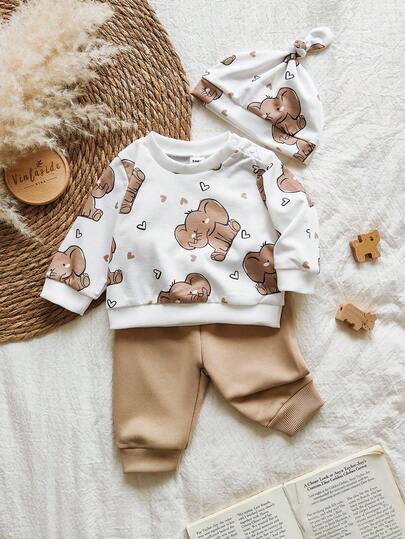 SHEIN Vintaside Kids 3 件套婴儿/新生儿/幼儿男孩舒适服装：长袖运动衫 + 运动裤 + 帽子，可爱卡通熊印花，休闲、舒适、时尚、简约、实用、多功能、柔软服装礼品套装，户外必备