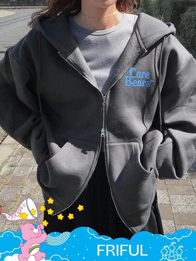 FRIFUL SHEIN X Care Bears 女士休闲日常通勤卡通熊标语图案拉链抽绳连帽抓绒卫衣外套，冬季