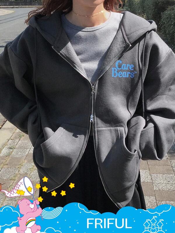 SHEIN X Care Bears FRIFUL Women's Casual Everyday Commute Cartoon Bear Slogan Graphic Zip-Up Drawstring Hooded Fleece Sweatshirt Jacket,Winter