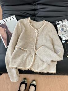 SHEIN Frenchy Women's Light Beige Solid Color Contrast Trim Pocket Long Sleeve Jacket,Autumn Winter New Year Ellegant Office Commuter,Party Wedding Graduation - Apricot - View 3