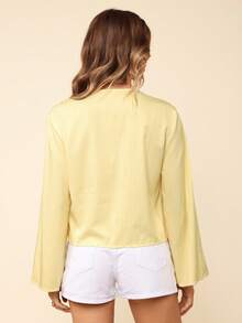 Coeurva Women's Butter Yellow Striped Print Blouses For Summer Vacation,Brunch Outfits For Women,Casual Loose Tie Front Long Sleeve Blouse Shirt For Women,For Summer Vacation, Women Summer Clothing Fall Clothes - Yellow - View 5