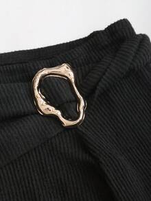 Sweetra Metal Buckle Sexy Asymmetrical Shoulder Long Sleeve T-Shirt + Wide Leg Pants Casual Suit - Black - View 4