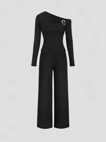 Sweetra Metal Buckle Sexy Asymmetrical Shoulder Long Sleeve T-Shirt + Wide Leg Pants Casual Suit - Black - View 6