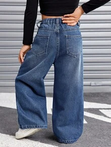 SHEIN 女童Y2K复古蓝色牛仔保暖内衬不对称腰宽松裤，秋冬季，清凉/女童感恩节，儿童阔腿牛仔裤 - 深色水洗藍 - 查看 8