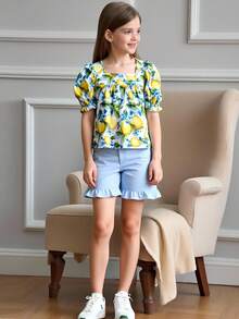 Joliand Joliand Tween-Mädchen 2-teiliges Set mit elegantem urbanem tropischem Blumendruck, Oberteil mit Puffärmeln und blauen Shorts mit Rüschensaum, geeignet für Ausflüge, Partys, Strand und Sommer - Verschiedenfarbig - Übersicht 6
