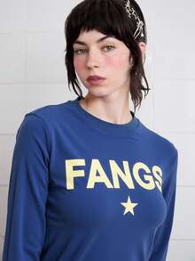 COUREZ Teen Y2K Shrunken Slogan Graphic Short Sleeve T-Shirt Top / Autumn Winter Fall Holiday - Blue - View 5