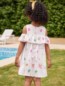 Joliand Joliand 1 pièce Robe élégante, urbaine et mignonne avec volant pour jeune fille, imprimé de palmiers et de fleurs, convient pour les réunions, les sorties, la plage, les fêtes, l'été - Multicolore - Voir 9