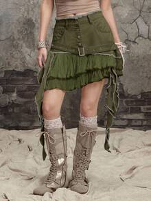 ROMWE Grunge Punk Váy denim mini họa tiết xếp nếp vá lỗi Y2K dành cho nữ - xanh quân đội - Xem 4