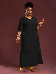 Slaydiva 2025 新款春夏大码女式复古西部度假/早午餐装，音乐节/俱乐部/公路旅行/度假/休闲/城市度假/毕业典礼，女士优雅装扮，休闲宽松黄色纹理泡泡格纹 V 领泡泡袖 H 字形荷叶边下摆长裙 - 黑色 - 查看 5