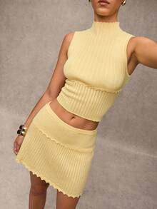 SHEIN BAE 女士休闲纯色时尚高领无袖毛衣 - 黃色 - 查看 5