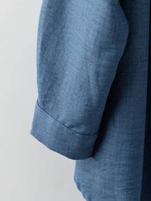 SHEIN LUNE CURVE 大码女式纯色亚麻混纺圆领蕾丝拼接全扣休闲舒适常规衬衫 + 松紧腰宽松裤 2 件套秋季女装 - 霧霾藍 - 查看 4