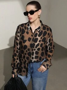 Aveloria Modichic Áo sơ mi tay dài họa tiết da báo cỡ lớn, đơn hàng thời trang thanh lịch cho nữ - màu nâu - Xem 2