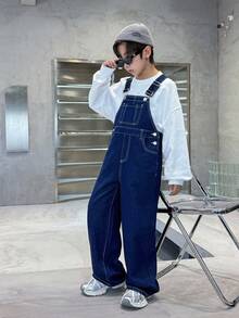 SHEIN Tween Boy Fashion Casual Y2k Vintage Cool Street Returns To School College Simple Basic And Comfortable Blue Denim Overalls And Jumpsuits Clothes Soft Daily Wear And Kids Summer And Fall Rave Outfits Festival And Beach Outfits Streetwear School Clothes Winter