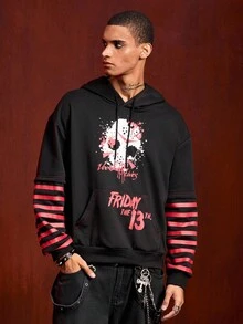 ROMWE MEN Friday the 13th X ROMWE Herren Pullover mit Buchstaben- und Masken-Grafik, Tasche, Kordelzug, 2 in 1 Kapuzenpullover, Herbst - Schwarz - Übersicht 4