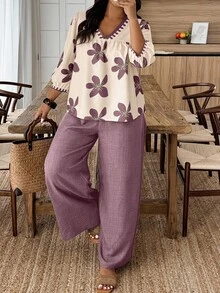 Breezaya 大码女式休闲宽松上衣和阔腿裤两件套 - 彩色 - 查看 3