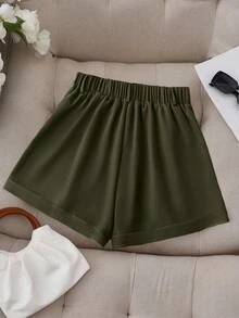 GlowEve CURVE Plus Size Casual Solid Color Slant Pocket Simple Shorts, Summer - Army Green - View 2