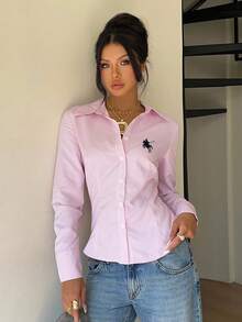 SHEIN EZwear Áo sơ mi dài tay dáng ôm, cài nút phía trước, thắt eo, thích hợp cho mùa thu/đông, thêu logo nhỏ - Nhiều màu - Xem 8