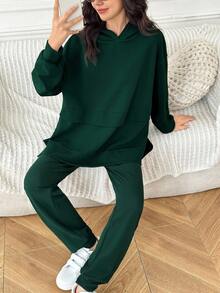 2pcs/Set Teen Girl Casual Loose Comfortable Hoodie And Pants Set, Versatile And Minimalist - Green - View 7