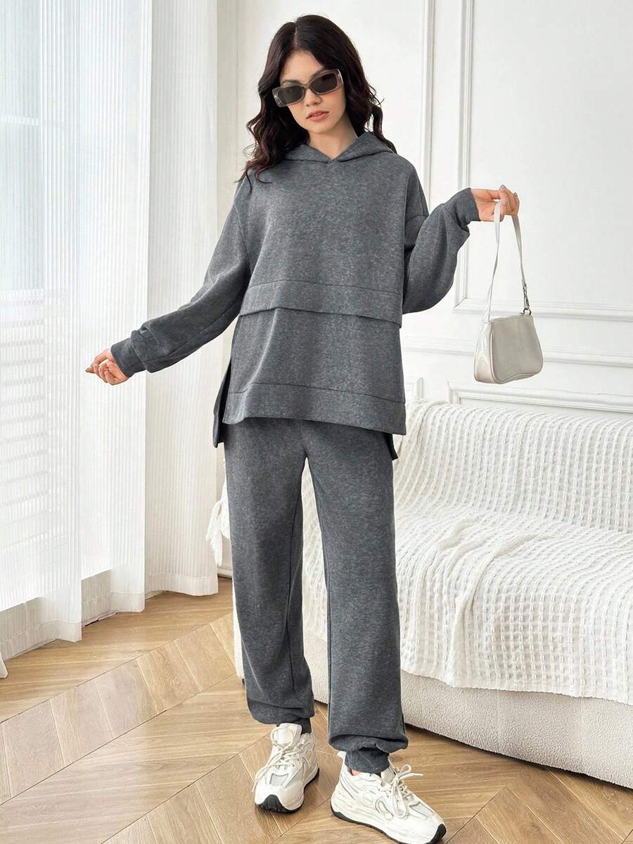 Teen Girl Loose Casual Minimalist Comfortable Hoodie Sweatshirt And Long Pants Set - Grey - View 1