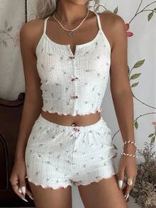 CottageSlumber 碎花吊带背心和短裤睡衣套装，蝴蝶结装饰和交叉背部设计，可爱又舒适 - 白色 - 查看 6