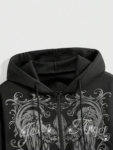 ROMWE Fairycore 女士复古飞翼荆棘字母印花水钻装饰百搭套头卫衣，适合毕业季、返校季、毕业典礼、教师节等场合。 - 黑色 - 查看 2