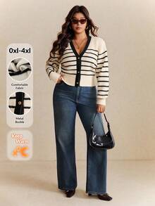 Elaquor Plus Size Women Casual Loose Contrast Striped Long Sleeve Cardigan In Fall/Winter - Black - View 3