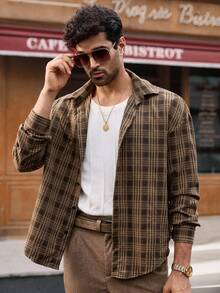 HIMLAND 男士休闲格子插肩下摆弧形下摆衬衫外套，Old Money 秋冬款 - 彩色 - 查看 6