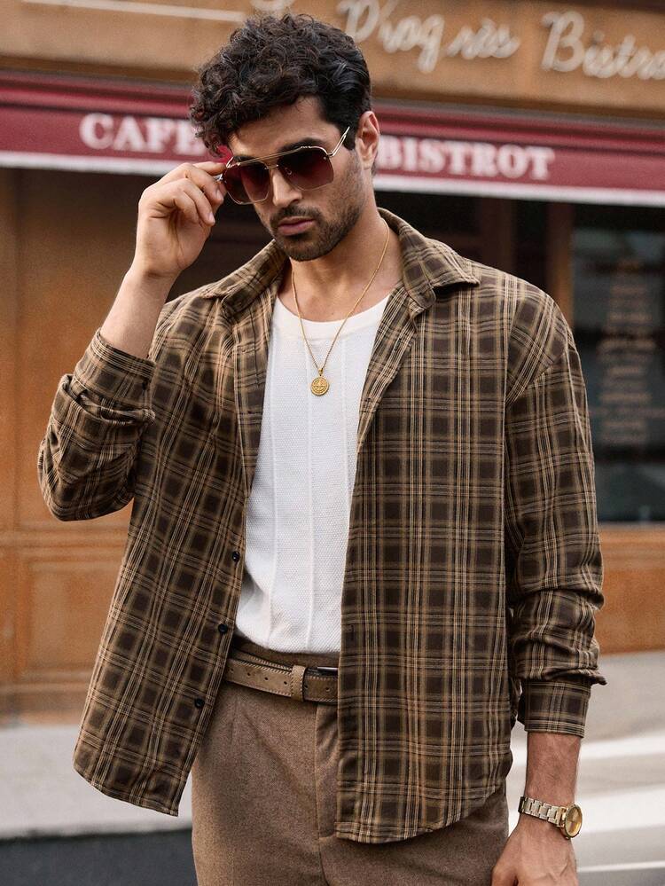 HIMLAND 男士休闲格子插肩下摆弧形下摆衬衫外套，Old Money 秋冬款 - 彩色 - 查看 6