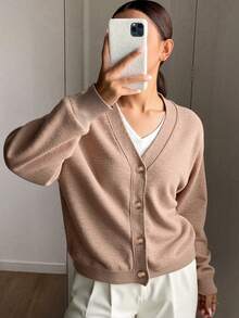 DAZY Women's Casual V-Neck Cardigan, Solid Color, Autumn Long Sleeve Tops - Khaki - View 2