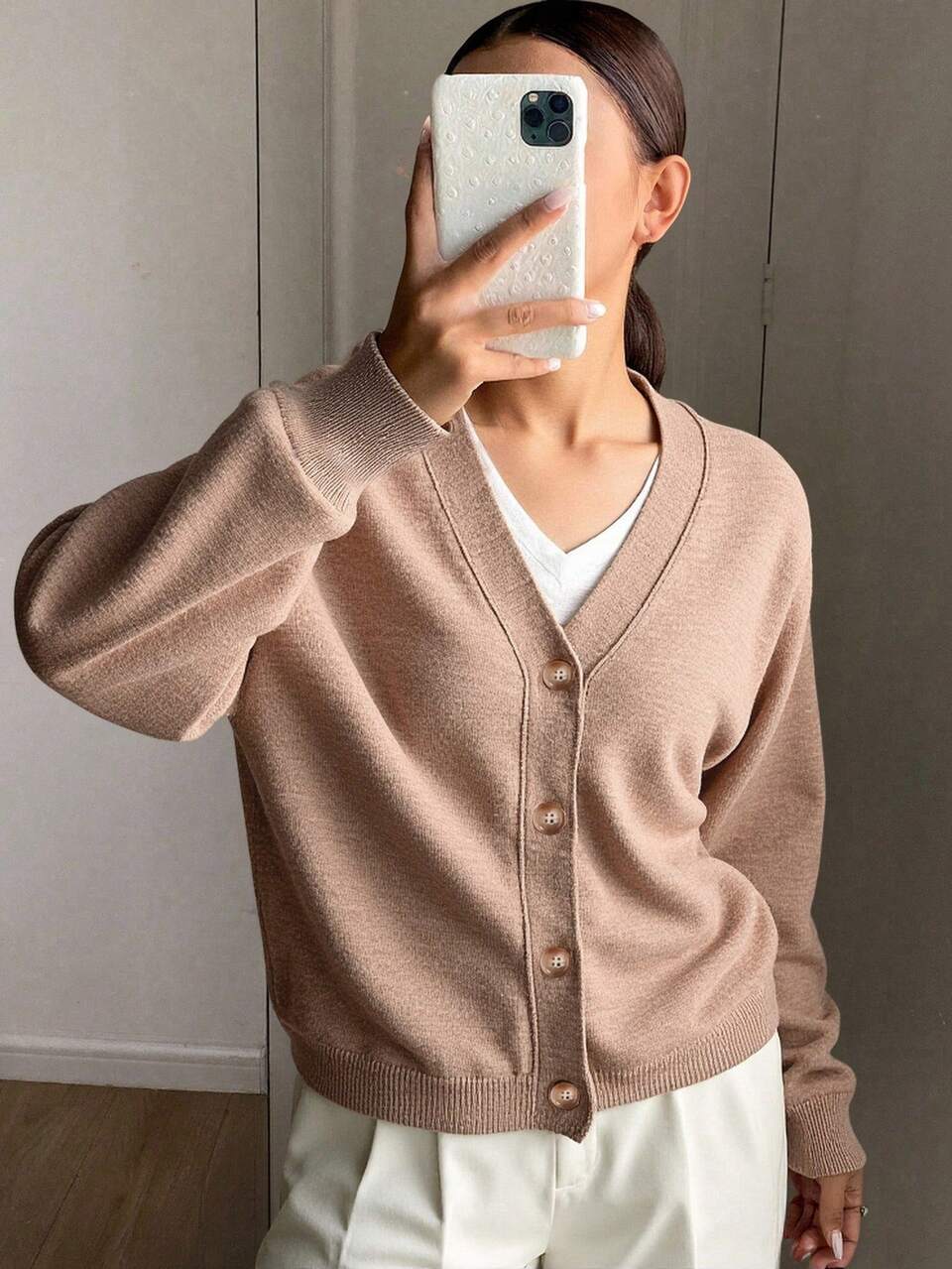 Women's Casual V-Neck Cardigan, Solid Color, Autumn